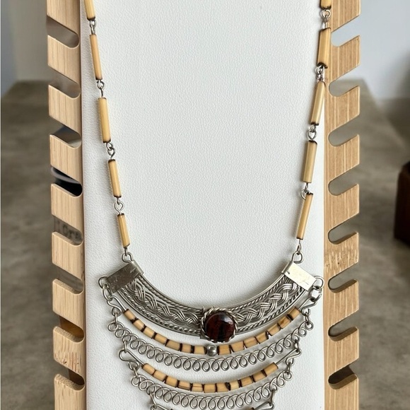 VINTAGE SILVERTONE BOHO BEADED BIB NECKLACE - Picture 3 of 5